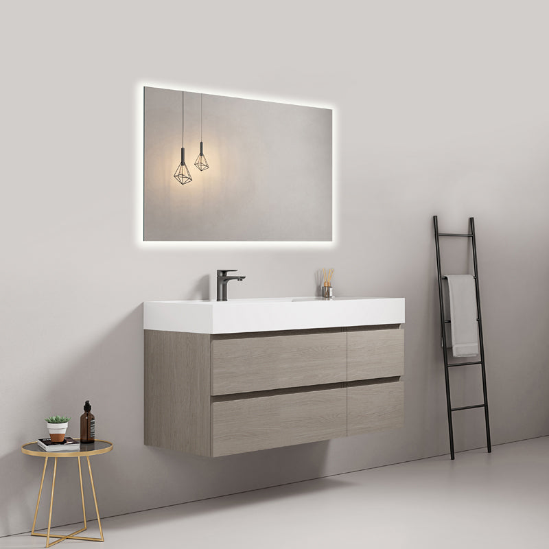 Mobile bagno sospeso 120 cm Beige Lavabo a Sinistra in Resina Specchio Quadro Retroilluminato - Fiji Wood