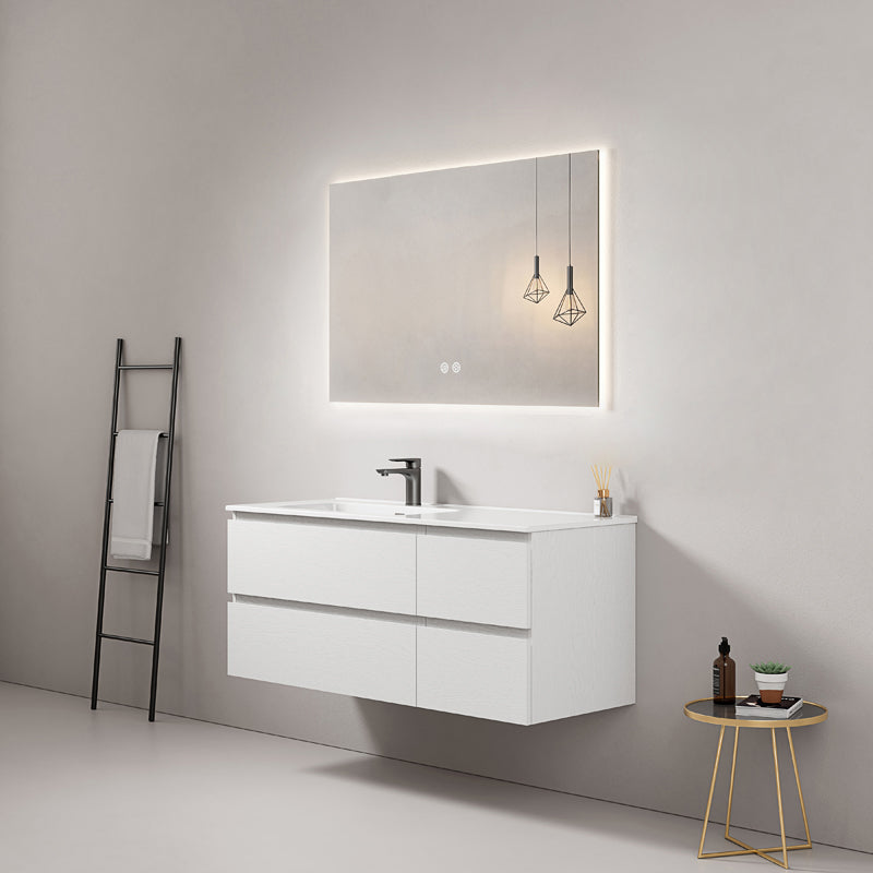 Mobile bagno sospeso 120 cm Bianco Lavabo a Sinistra in Ceramica Specchio Quadro Retroilluminato - Fiji Wood