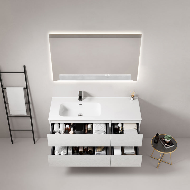 Mobile bagno sospeso 120 cm Bianco Lavabo a Sinistra in Ceramica Specchio Quadro Retroilluminato - Fiji Wood