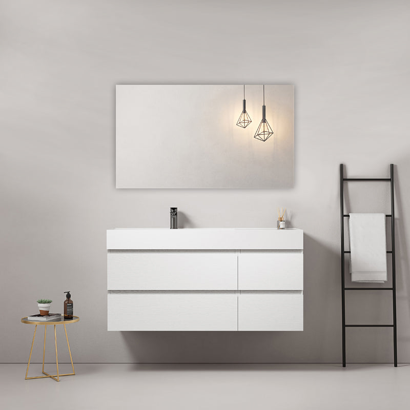 Mobile bagno sospeso 120 cm Bianco Lavabo a Sinistra in Resina Specchio Quadro - Fiji Wood