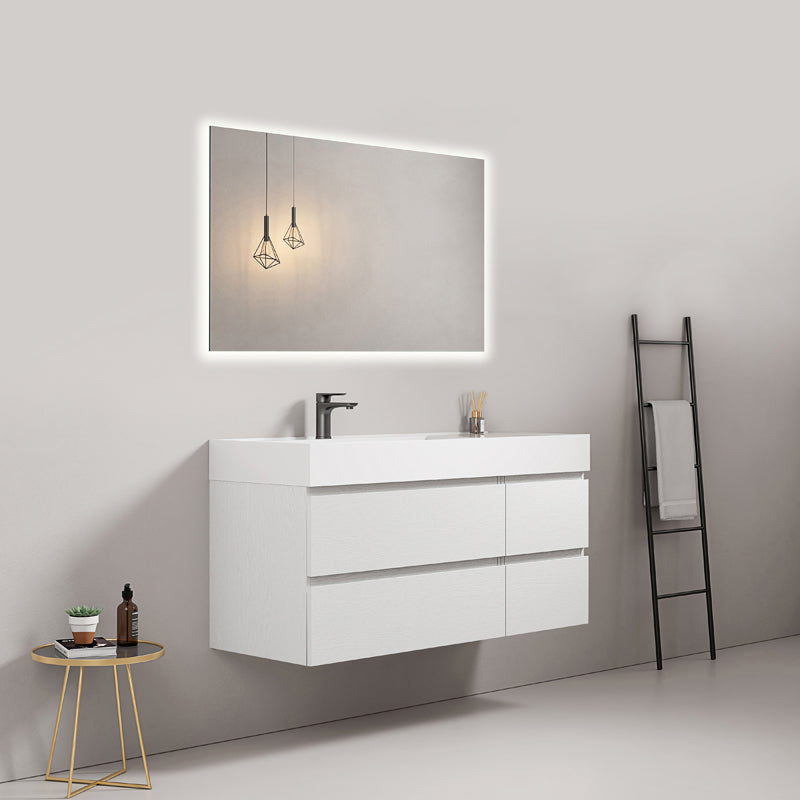 Mobile bagno sospeso 120 cm Bianco Lavabo a Sinistra in Resina Specchio Quadro Retroilluminato - Fiji Wood