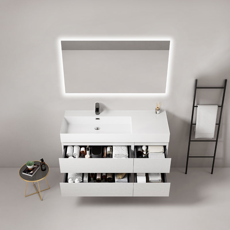 Mobile bagno sospeso 120 cm Bianco Lavabo a Sinistra in Resina Specchio Quadro Retroilluminato - Fiji Wood