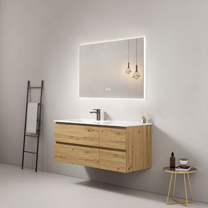 Mobile bagno sospeso 120 cm Bruno Medio Lavabo a Sinistra in Ceramica Specchio Quadro Retroilluminato - Fiji Wood