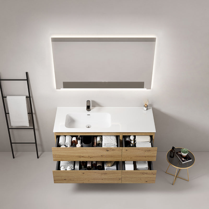 Mobile bagno sospeso 120 cm Bruno Medio Lavabo a Sinistra in Ceramica Specchio Quadro Retroilluminato - Fiji Wood