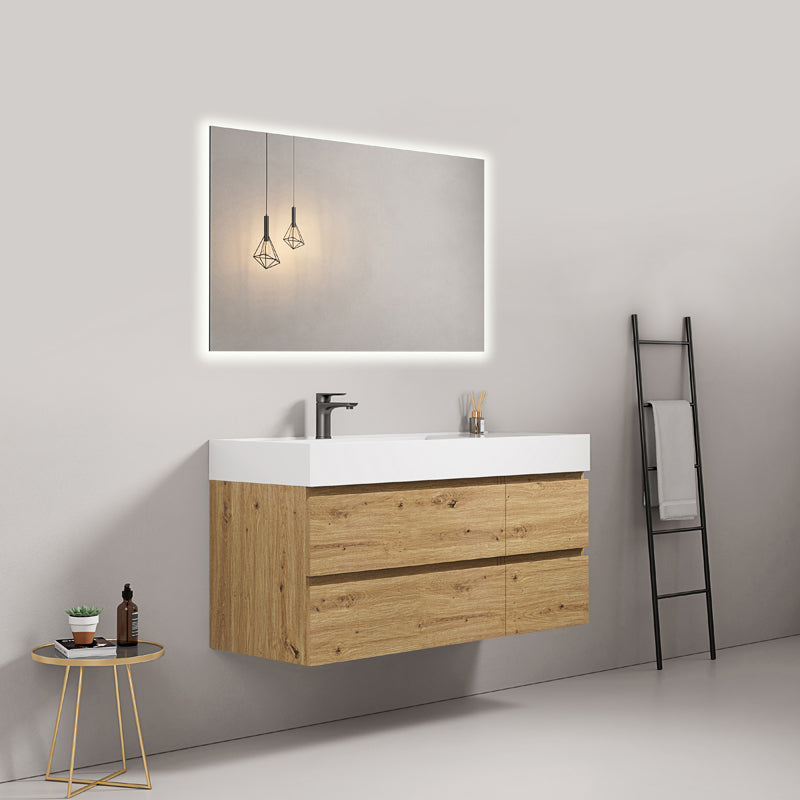 Mobile bagno sospeso 120 cm Bruno Medio Lavabo a Sinistra in Resina Specchio Quadro Retroilluminato - Fiji Wood