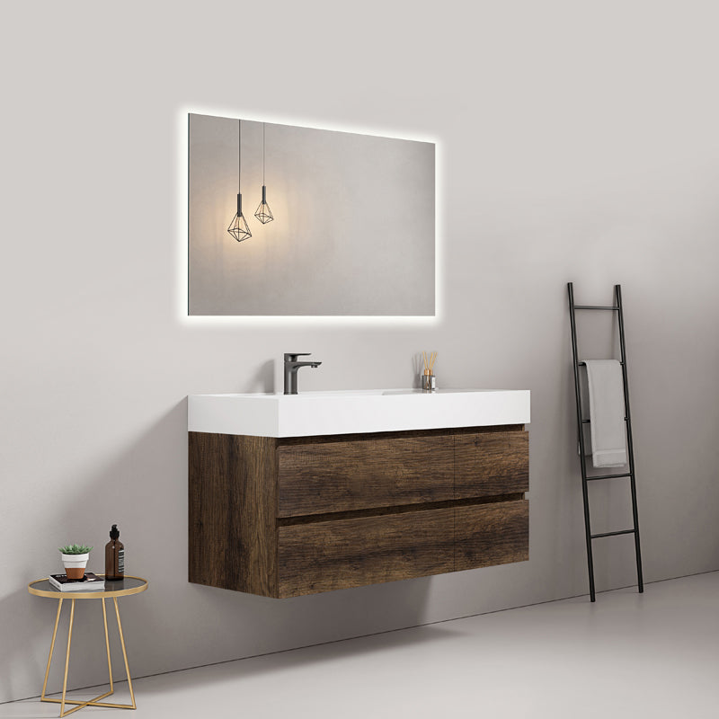 Mobile bagno sospeso 120 cm Bruno Scuro Lavabo a Sinistra in Resina Specchio Quadro Retroilluminato - Fiji Wood