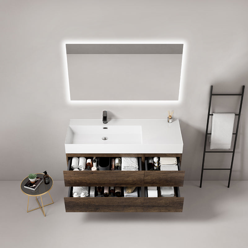 Mobile bagno sospeso 120 cm Bruno Scuro Lavabo a Sinistra in Resina Specchio Quadro Retroilluminato - Fiji Wood