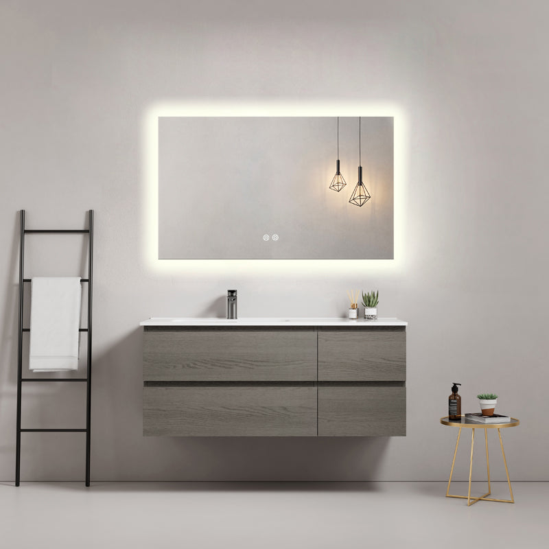 Mobile bagno sospeso 120 cm Grey Lavabo a Sinistra in Ceramica Specchio Quadro Retroilluminato - Fiji Wood