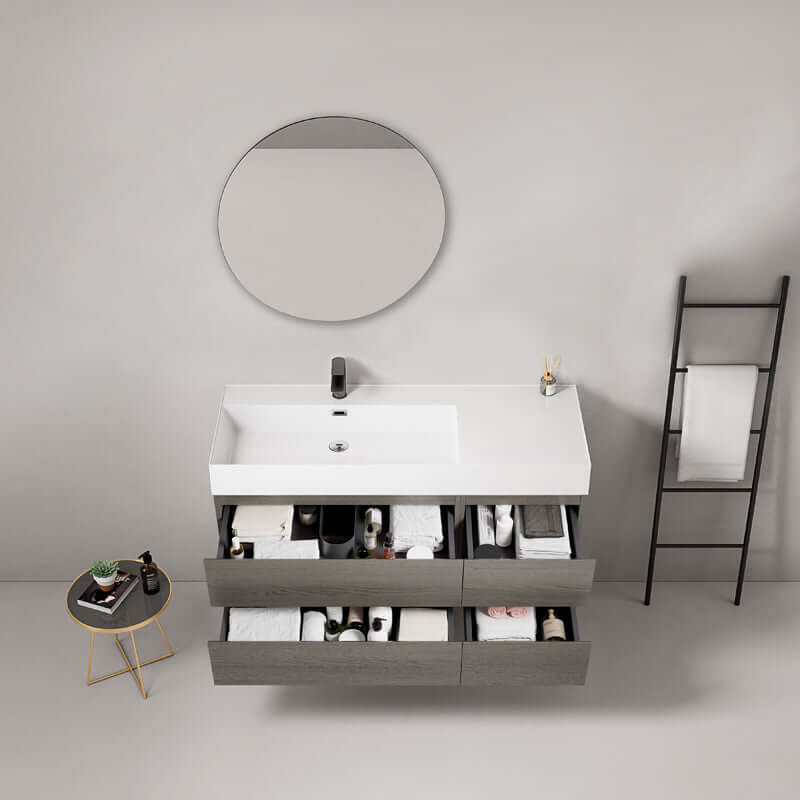 Mobile bagno sospeso 120 cm Grey Lavabo a Sinistra in Resina Specchio Tondo - Fiji Wood