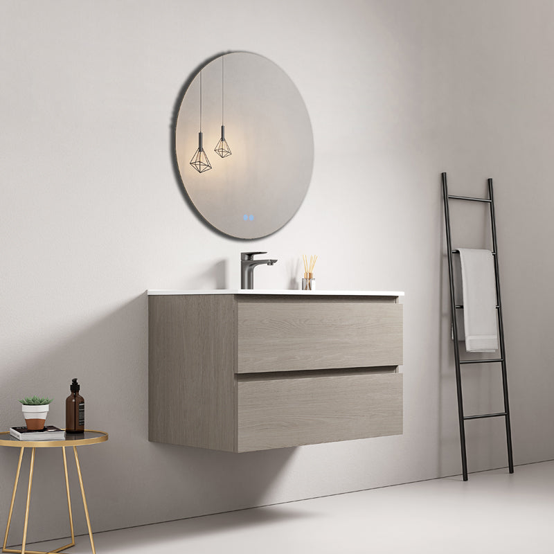 Mobile bagno sospeso 80 cm Beige Lavabo in Ceramica Specchio Tondo - Fiji Wood