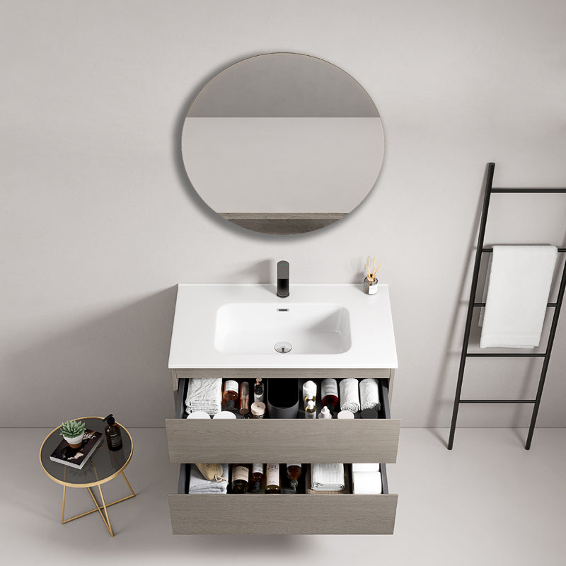 Mobile bagno sospeso 80 cm Beige Lavabo in Ceramica Specchio Tondo - Fiji Wood