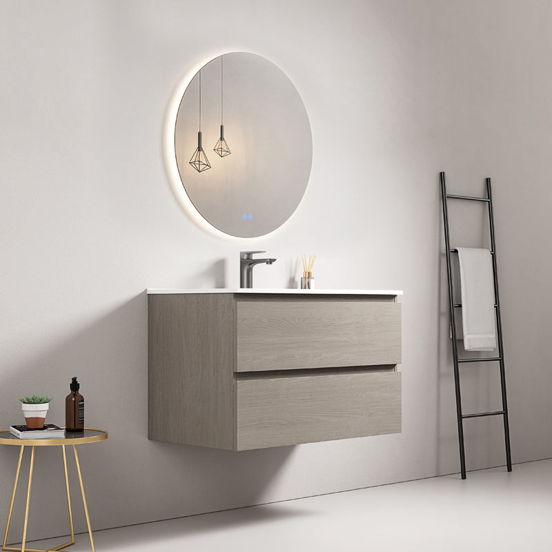 Mobile bagno sospeso 80 cm Beige Lavabo in Ceramica Specchio Tondo Retroilluminato - Fiji Wood