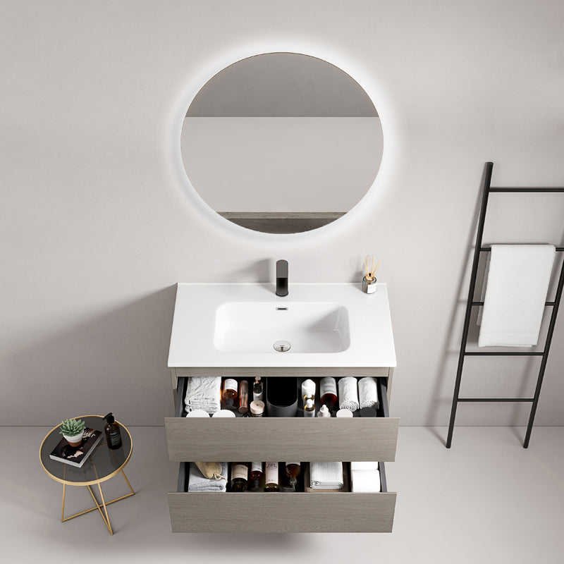 Mobile bagno sospeso 80 cm Beige Lavabo in Ceramica Specchio Tondo Retroilluminato - Fiji Wood