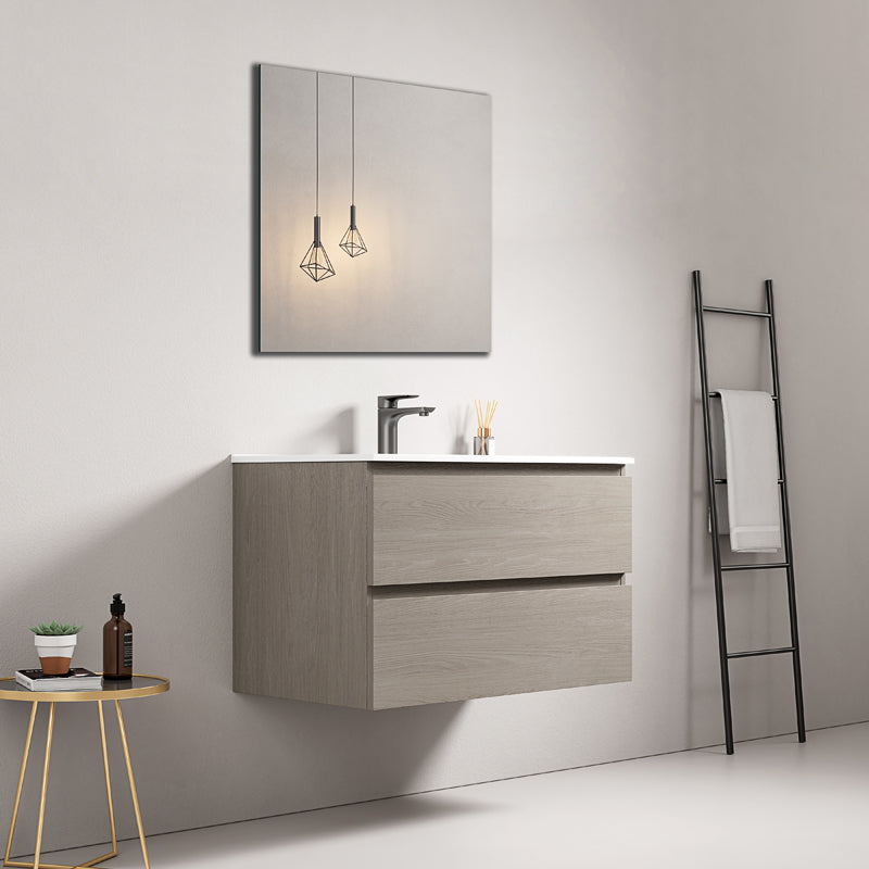 Mobile bagno sospeso 80 cm Beige Lavabo in Ceramica Specchio Quadro - Fiji Wood
