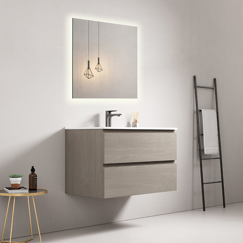 Mobile bagno sospeso 80 cm Beige Lavabo in Ceramica Specchio Quadro Retroilluminato - Fiji Wood