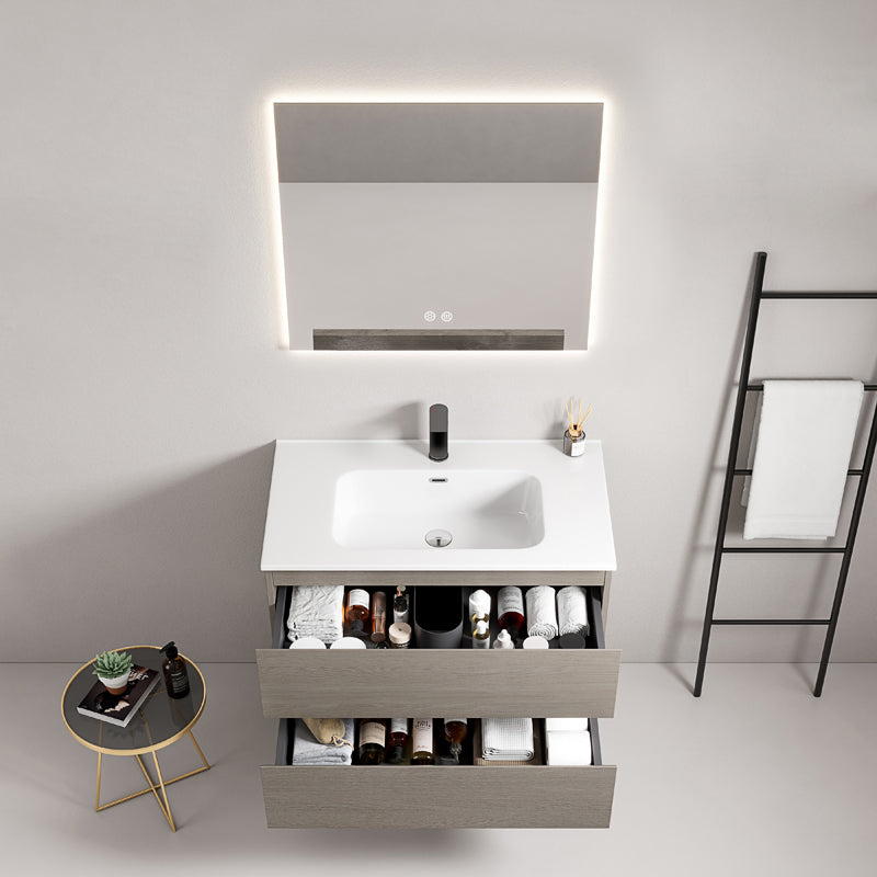 Mobile bagno sospeso 80 cm Beige Lavabo in Ceramica Specchio Quadro Retroilluminato - Fiji Wood