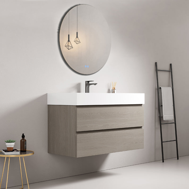 Mobile bagno sospeso 80 cm Beige Lavabo in Resina Specchio Tondo - Fiji Wood