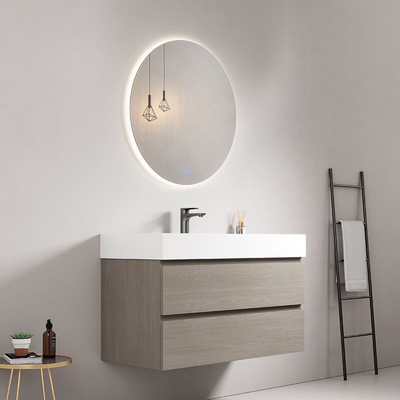Mobile bagno sospeso 80 cm Beige Lavabo in Resina Specchio Tondo Retroilluminato - Fiji Wood