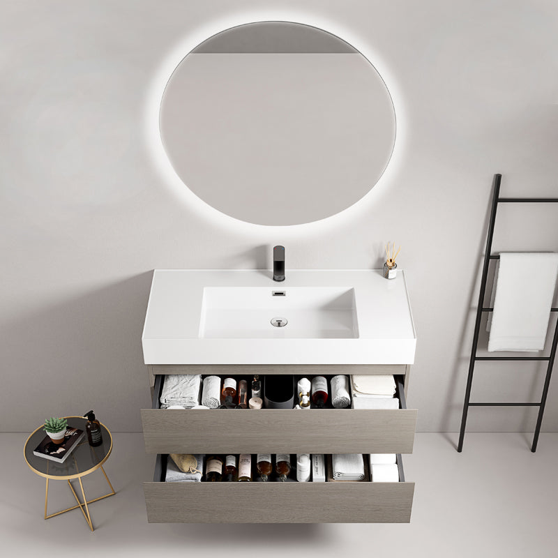 Mobile bagno sospeso 80 cm Beige Lavabo in Resina Specchio Tondo Retroilluminato - Fiji Wood