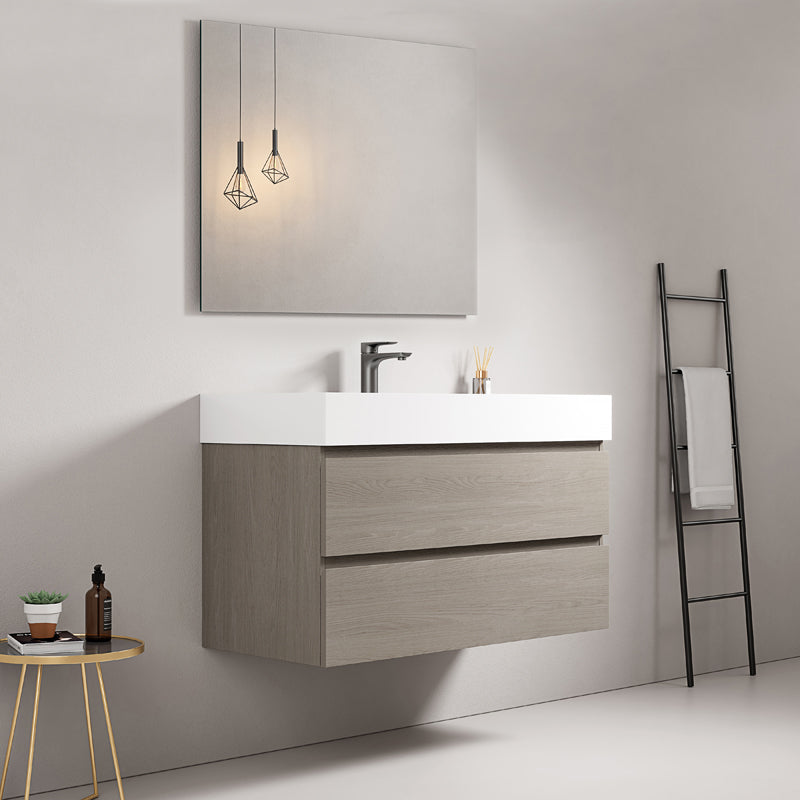 Mobile bagno sospeso 80 cm Beige Lavabo in Resina Specchio Quadro - Fiji Wood