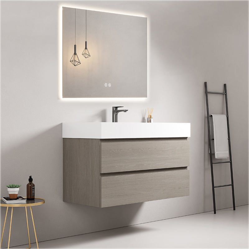 Mobile bagno sospeso 80 cm Beige Lavabo in Resina Specchio Quadro Retroilluminato - Fiji Wood