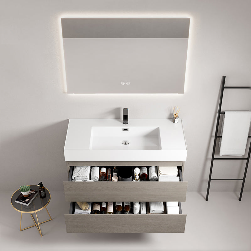 Mobile bagno sospeso 80 cm Beige Lavabo in Resina Specchio Quadro Retroilluminato - Fiji Wood