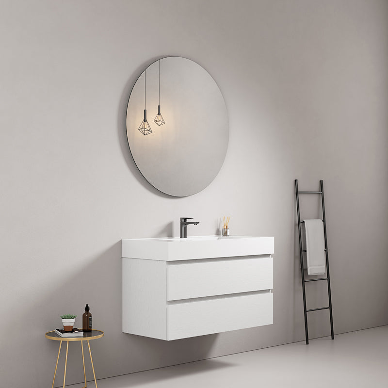Mobile bagno sospeso 80 cm Bianco Lavabo in Resina Specchio Tondo - Fiji Wood