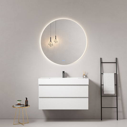 Mobile bagno sospeso 100 cm Bianco Lavabo in Resina Specchio Tondo Retroilluminato - Fiji Wood