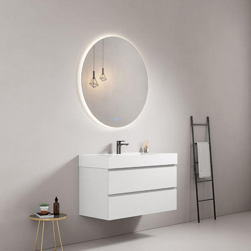 Mobile bagno sospeso 80 cm Bianco Lavabo in Resina Specchio Tondo Retroilluminato - Fiji Wood