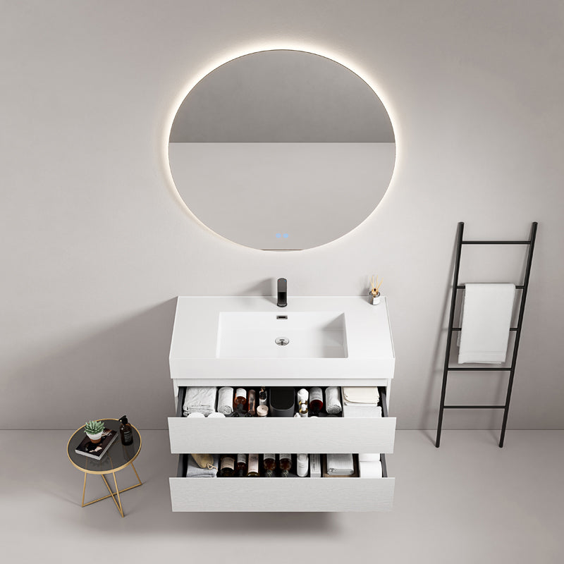 Mobile bagno sospeso 80 cm Bianco Lavabo in Resina Specchio Tondo Retroilluminato - Fiji Wood