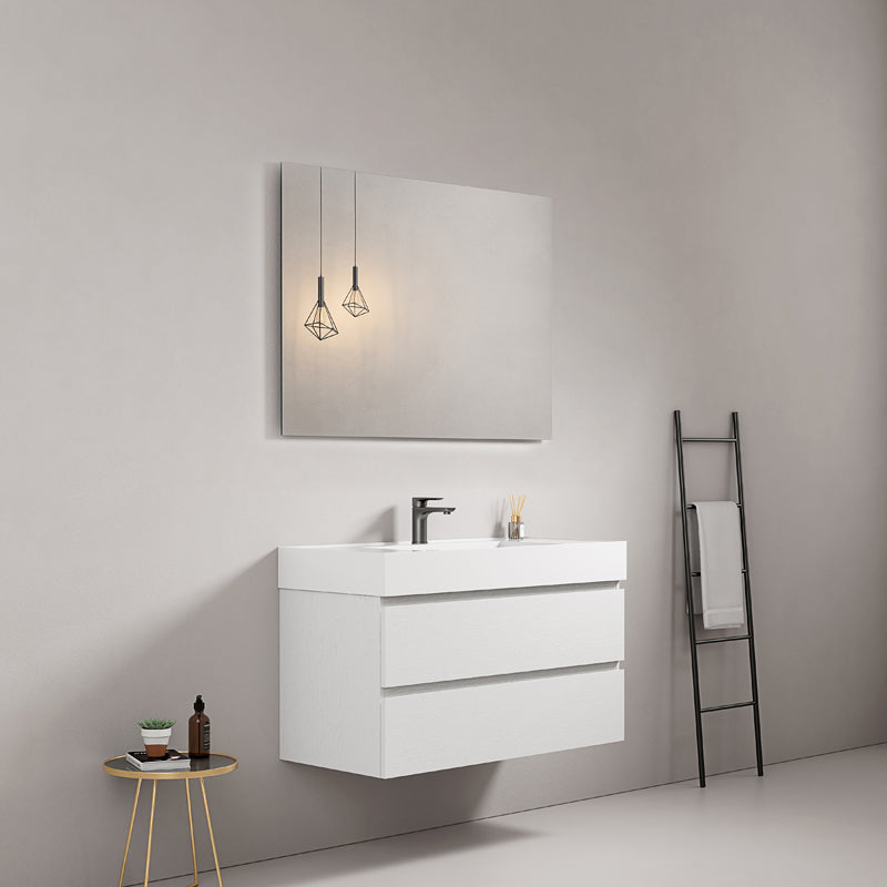Mobile bagno sospeso 80 cm Bianco Lavabo in Resina Specchio Quadro - Fiji Wood