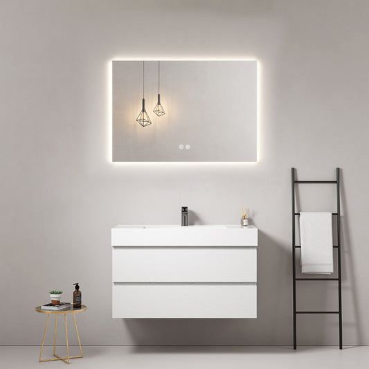 Mobile bagno sospeso 100 cm Bianco Lavabo in Resina Specchio Quadro Retroilluminato - Fiji Wood