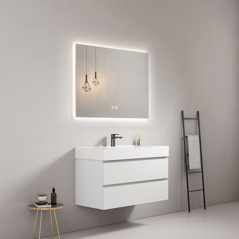 Mobile bagno sospeso 80 cm Bianco Lavabo in Resina Specchio Quadro Retroilluminato - Fiji Wood