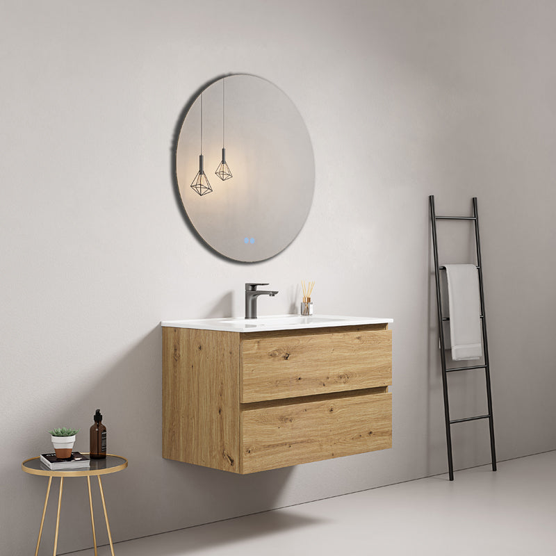 Mobile bagno sospeso 80 cm Bruno Medio Lavabo in Ceramica Specchio Tondo - Fiji Wood