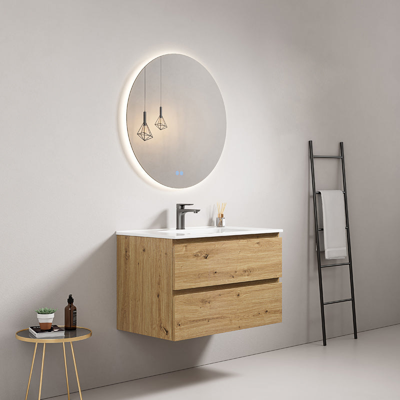 Mobile bagno sospeso 100 cm Bruno Medio Lavabo in Ceramica Specchio Tondo Retroilluminato - Fiji Wood
