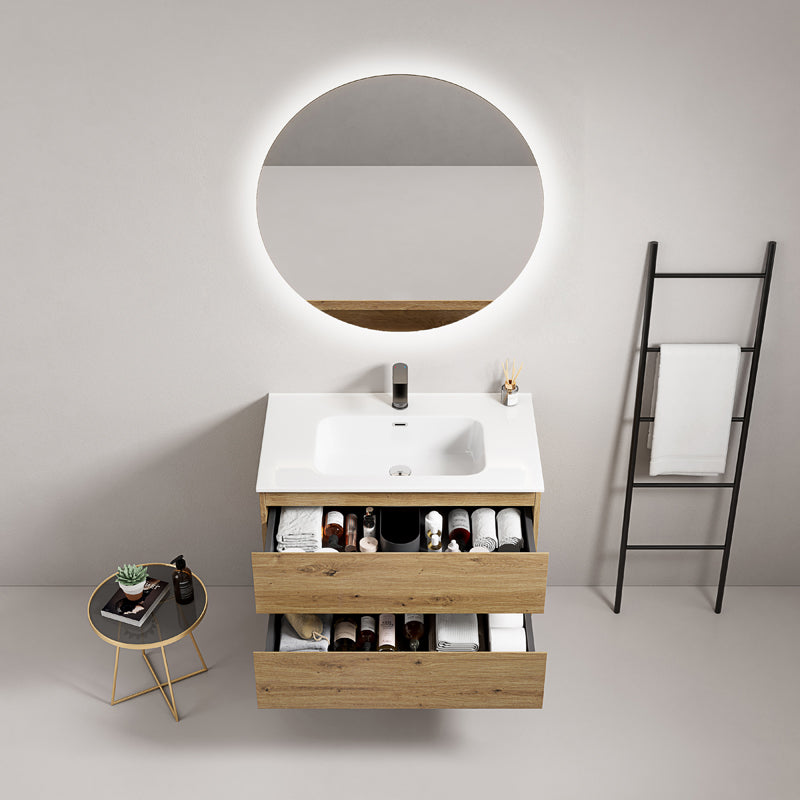 Mobile bagno sospeso 100 cm Bruno Medio Lavabo in Ceramica Specchio Tondo Retroilluminato - Fiji Wood