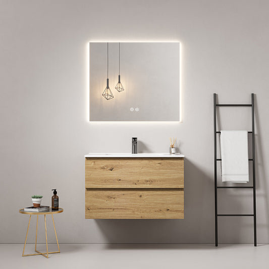 Mobile bagno sospeso 100 cm Bruno Medio Lavabo in Ceramica Specchio Quadro Retroilluminato - Fiji Wood