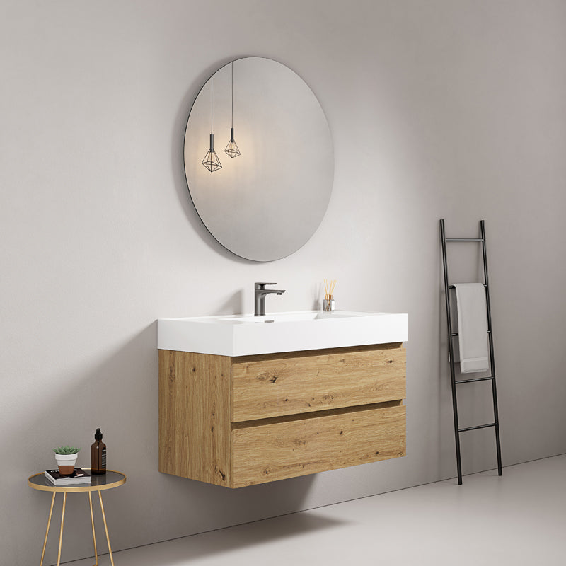 Mobile bagno sospeso 80 cm Bruno Medio Lavabo in Resina Specchio Tondo - Fiji Wood