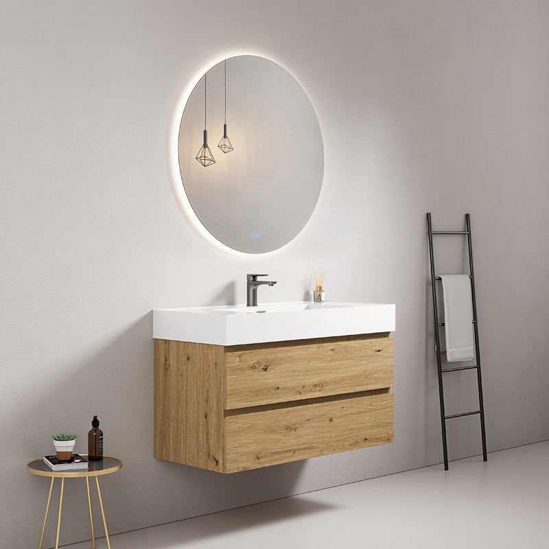 Mobile bagno sospeso 80 cm Bruno Medio Lavabo in Resina Specchio Tondo Retroilluminato - Fiji Wood