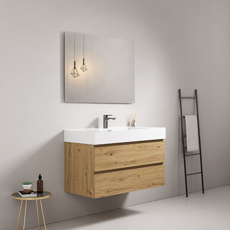 Mobile bagno sospeso 80 cm Bruno Medio Lavabo in Resina Specchio Quadro - Fiji Wood
