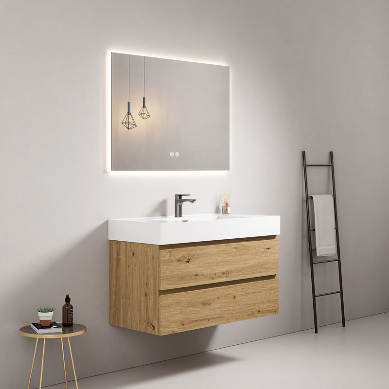 Mobile bagno sospeso 100 cm Bruno Medio Lavabo in Resina Specchio Quadro Retroilluminato - Fiji Wood