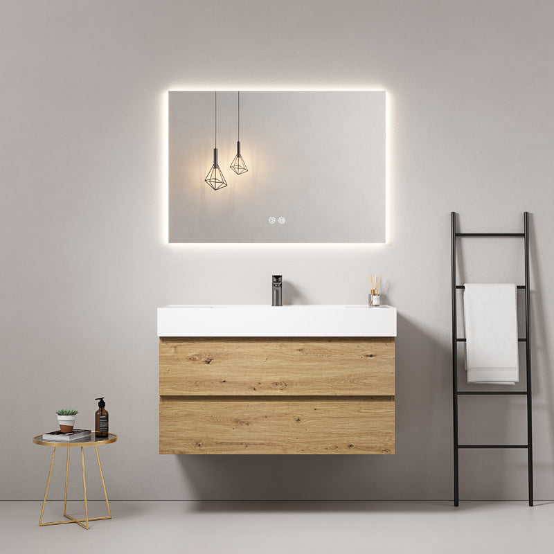 Mobile bagno sospeso 100 cm Bruno Medio Lavabo in Resina Specchio Quadro Retroilluminato - Fiji Wood