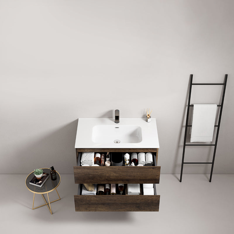 Mobile bagno sospeso 100 cm Bruno Scuro Lavabo in Ceramica Senza Specchio - Fiji Wood