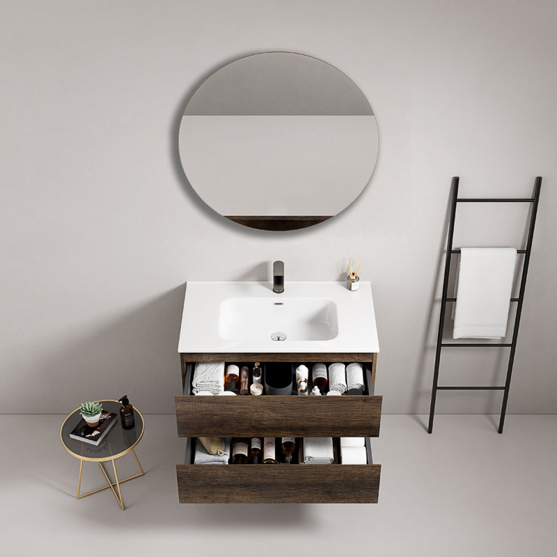Mobile bagno sospeso 80 cm Bruno Scuro Lavabo in Ceramica Specchio Tondo - Fiji Wood