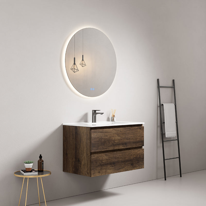 Mobile bagno sospeso 80 cm Bruno Scuro Lavabo in Ceramica Specchio Tondo Retroilluminato - Fiji Wood