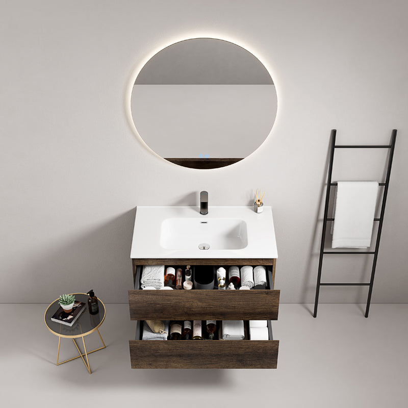 Mobile bagno sospeso 80 cm Bruno Scuro Lavabo in Ceramica Specchio Tondo Retroilluminato - Fiji Wood