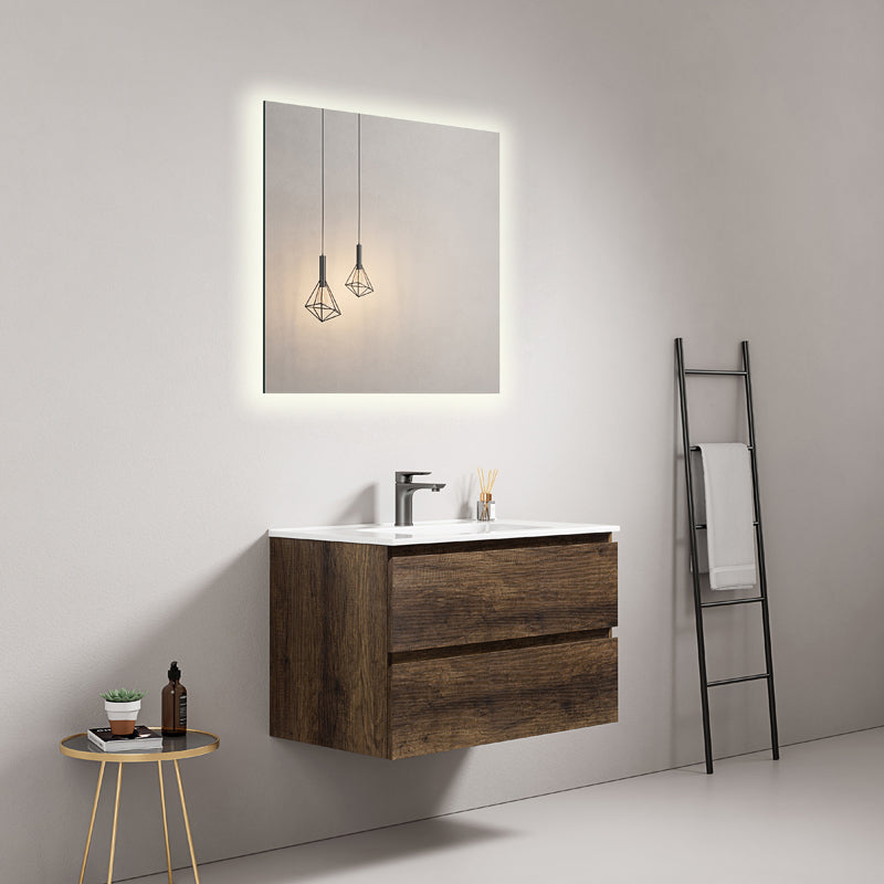 Mobile bagno sospeso 100 cm Bruno Scuro Lavabo in Ceramica Specchio Quadro Retroilluminato - Fiji Wood