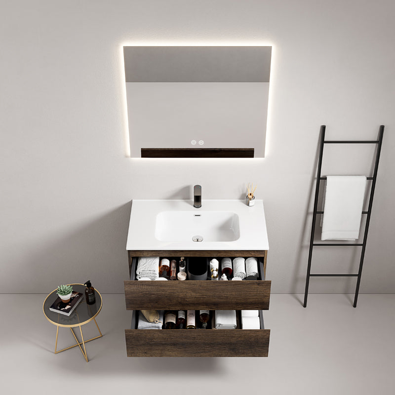 Mobile bagno sospeso 100 cm Bruno Scuro Lavabo in Ceramica Specchio Quadro Retroilluminato - Fiji Wood