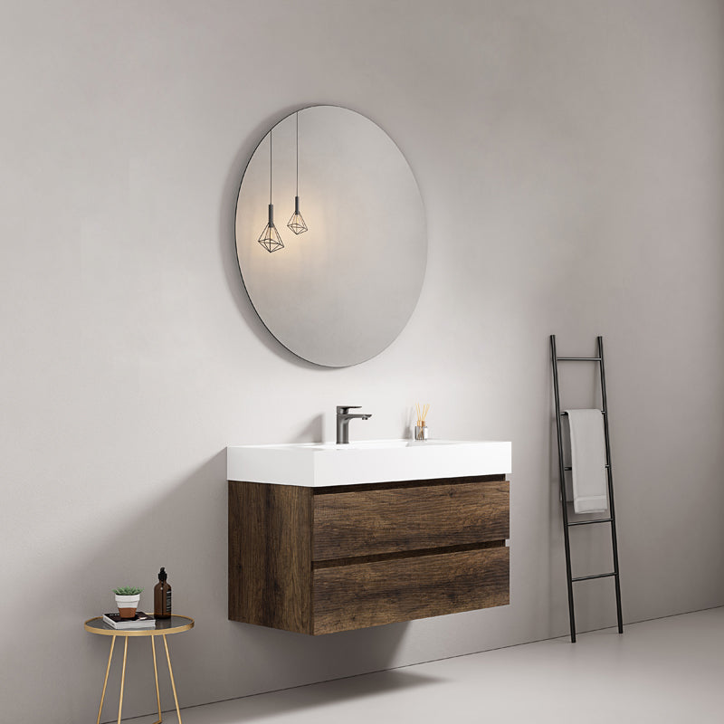 Mobile bagno sospeso 80 cm Bruno Scuro Lavabo in Resina Specchio Tondo - Fiji Wood