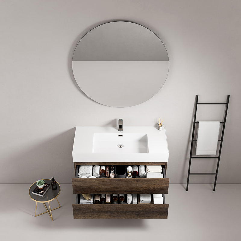 Mobile bagno sospeso 80 cm Bruno Scuro Lavabo in Resina Specchio Tondo - Fiji Wood